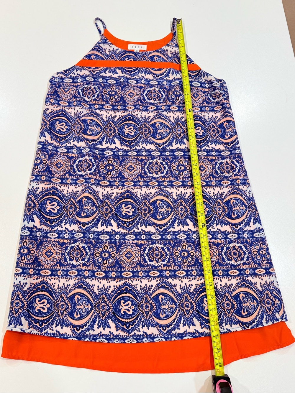 THML Blue & Orange Paisley Swing Dress Size M Boho Sleeveless Lined - Picture 4 of 8